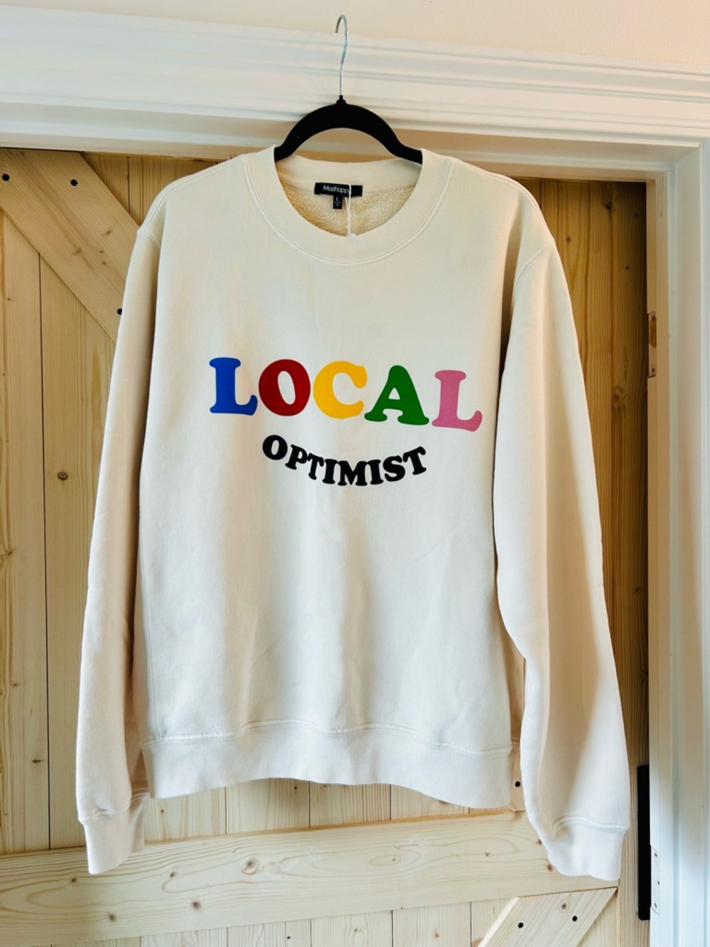 Madhappy Cream 'LOCAL OPTIMIST' Crewneck Sweatshirt with Multicolor Lettering